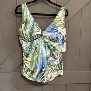 Jantzen Tropical Leaf Swim Tankini Top Size 18 NWT White Green Blue $79 MSRP